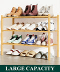 Three Tier Bamboo Shoe Rack Organizer Stackable Free Standing Wooden Shoe Storage Shelf For Closet Entryway Front Door Natural Finish Heavy Duty Large Capacity Easy Assembly Holds 30 Lbs Per Shelf with shoes displayed