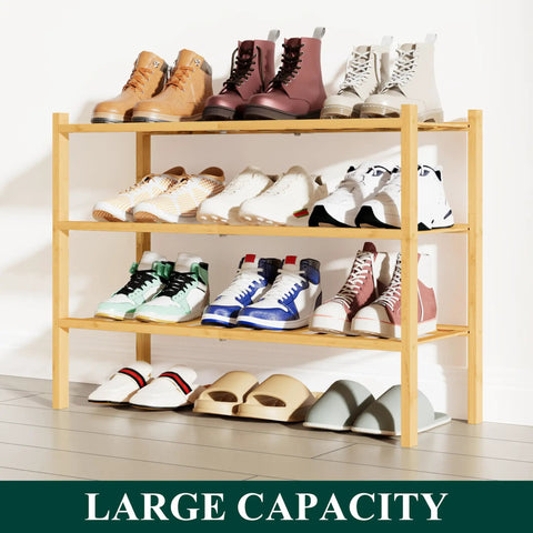 Three Tier Bamboo Shoe Rack Organizer Stackable Free Standing Wooden Shoe Storage Shelf For Closet Entryway Front Door Natural Finish Heavy Duty Large Capacity Easy Assembly Holds 30 Lbs Per Shelf with shoes displayed