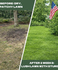 Comparison of a dry lawn before using compost spreader and a lush lawn after 2 weeks with flag and trees in background
