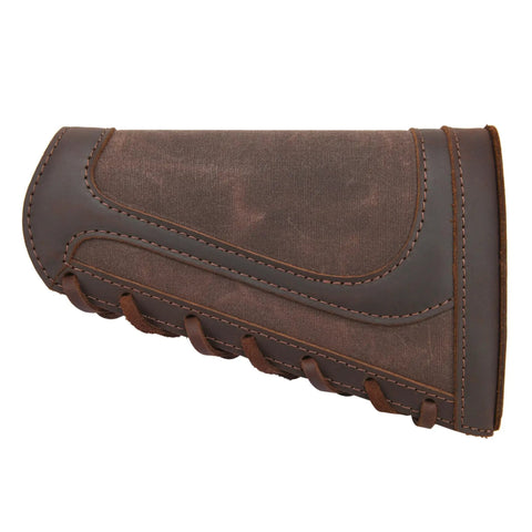Premium Leather Gun Shell Holder Buttstock with Canvas Recoil Pad Extension for Shotguns and Rifles, brown finish