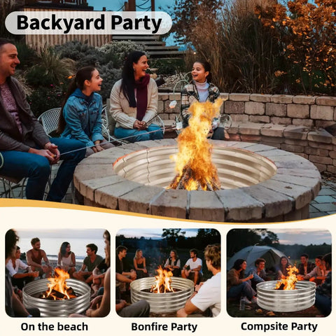 People enjoying a backyard gathering around a 60 Inch Round Fire Pit Ring Built From Heavy Duty Galvanized Steel For Outdoor Bonfires