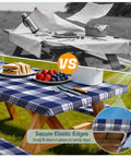Waterproof Windproof Picnic Table and Bench Cover Set for 6-Foot Rectangular Tables, blue checkered covers on outdoor bench.