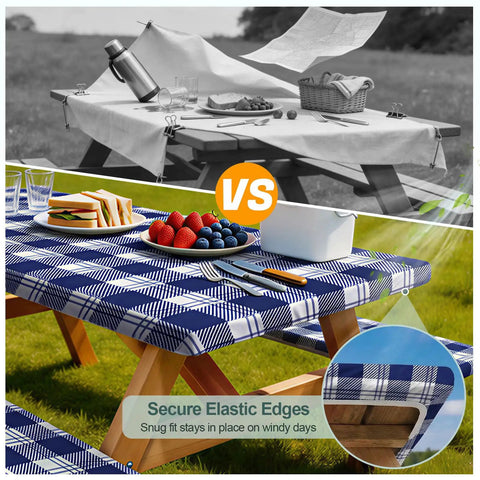 Waterproof Windproof Picnic Table and Bench Cover Set for 6-Foot Rectangular Tables, blue checkered covers on outdoor bench.