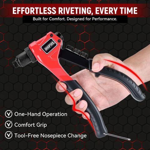 Adjustable Stroke Rivet Gun Kit with Heavy Duty Hand Riveter in hand showing comfort grip and tool-free nosepiece change features