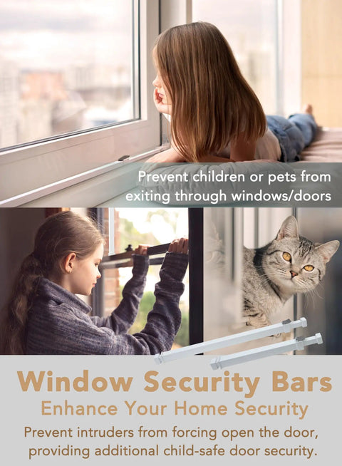 Sliding Glass Door Security Bar Adjustable From 25.75 To 47.5 Inches Keeps Kids Safe And Stays Put Easy Install Rustproof Metal Gate Stopper Fits Most Sliding Doors Space Saving Door Lock Bar For Home And Windows shown keeping children indoor.