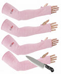 Heavy Duty Cut Resistant Arm Sleeves With Thumb Holes For Mechanics And Glass Handling Shielding Delicate Skin Straight Up Like Body Armor In Pink Pair displayed with knife for safety demonstration.