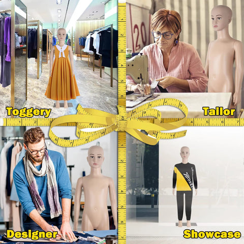 Four 43.3-inch tall gender-neutral child mannequins, full-body with detachable heads on metal bases for fashion display.
