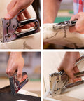Light Duty Upholstery Staple Gun For Home And Workshop in use on fabric and cardboard with chrome finish and ergonomic grip