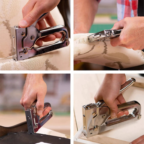 Light Duty Upholstery Staple Gun For Home And Workshop in use on fabric and cardboard with chrome finish and ergonomic grip