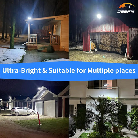 Lit Solar Outdoor Lights 6500K Dusk To Dawn Security Flood Lights illuminating various outdoor areas
