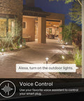 Heavy Duty Outdoor Wi-Fi Smart Plug With Dual Sockets illuminating a stone pathway with voice control in use.