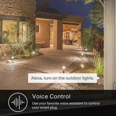 Heavy Duty Outdoor Wi-Fi Smart Plug With Dual Sockets illuminating a stone pathway with voice control in use.