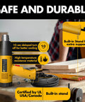 Heavy Duty 1800W Heat Gun Kit With LCD Display and Overload Protection, yellow heat gun on workbench with cord and stand