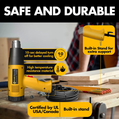 Heavy Duty 1800W Heat Gun Kit With LCD Display and Overload Protection, yellow heat gun on workbench with cord and stand