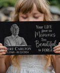 Child holding Custom Black Granite Memorial Stone With Your Image For Outdoor Garden And Cemetery Use Personalized Headstone