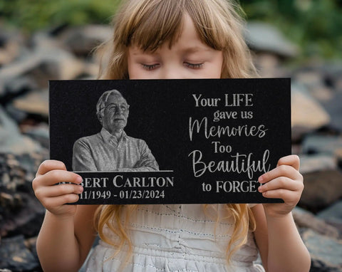 Child holding Custom Black Granite Memorial Stone With Your Image For Outdoor Garden And Cemetery Use Personalized Headstone