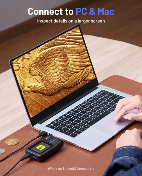 Portable Handheld Digital Microscope With Adjustable Focus And Two Point Four Inch IPS Screen For Close Up Inspections Of Coins Stamps Gems Jewelry Fabrics Rocks Circuit Boards Watch Parts And Plant Details connected to laptop