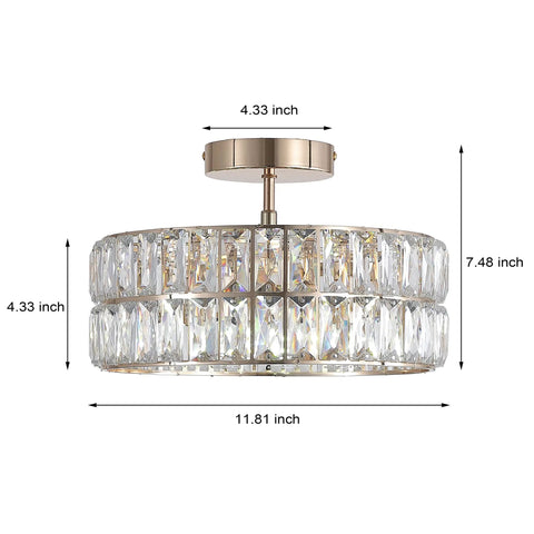 Lit Rose Gold Semi Flush Mount Crystal Ceiling Light With 68 K5 Crystals, Small Modern Chandelier Fixture dimensions, side view