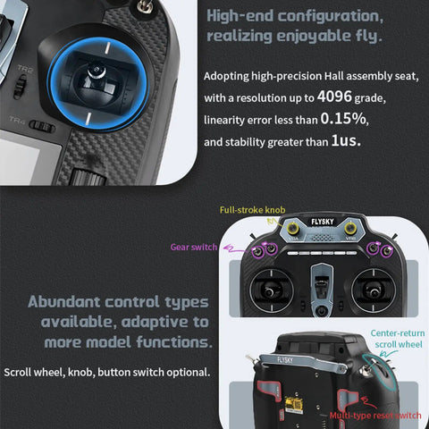 Control panel details of 16 Channel OpenTX RC Transmitter with Hall Effect Gimbals and FS-SR8 receiver for FPV and RC cars.
