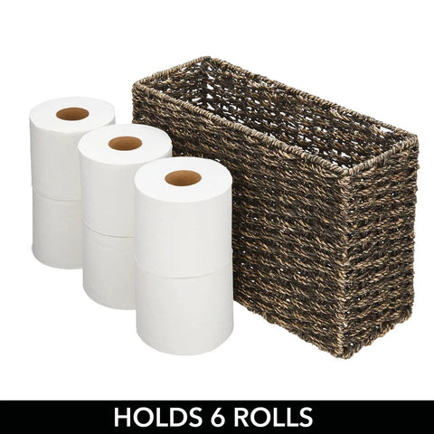Rustic Farmhouse Woven Seagrass Toilet Paper Holder Basket Large 6 Roll Storage Organizer with rolls and black wash finish