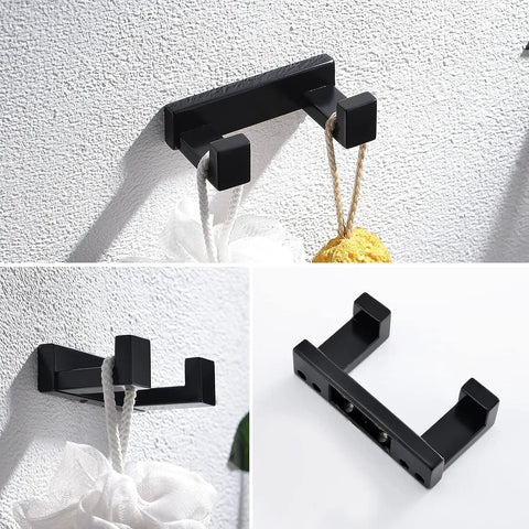 Dope Matte Black 4-Piece Bathroom Hardware Set With 24-Inch Towel Bar, Towel Ring, Toilet Paper Holder, And Coat Hook In 304 Stainless Steel shown.