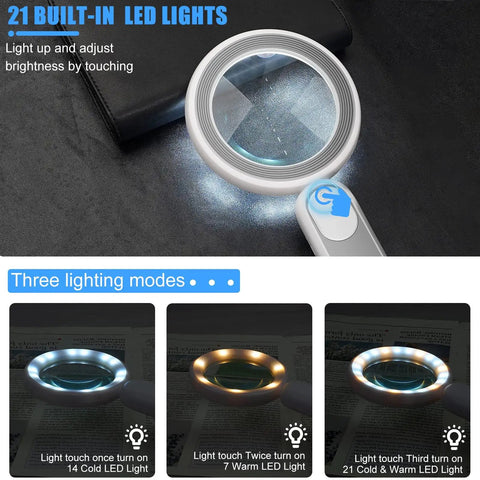 Rechargeable Lighted Magnifying Glass 30X 4.7 Inch Handheld Loupe with USB charge, 21 LED and 3 brightness modes for inspection