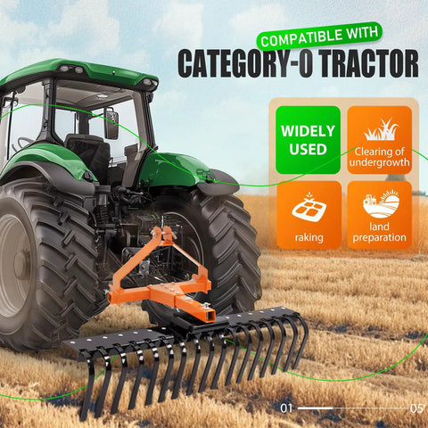 3 Point Rock Rake For Category 0 Tractors With 360 Degree Rotation shown attached to a green tractor in a field.