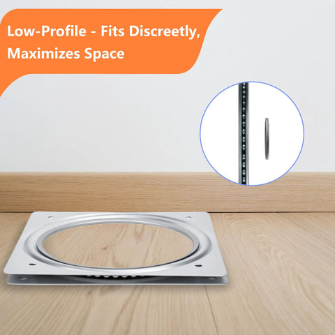 Heavy Duty 6 Inch Square Lazy Susan Bearing For Smooth Rotation Zinc Plated Rust Resistant Turntable Hardware Low Profile Design For Kitchen Cabinets Shelves And DIY Projects 500 Lb Capacity in low-profile view on wooden surface