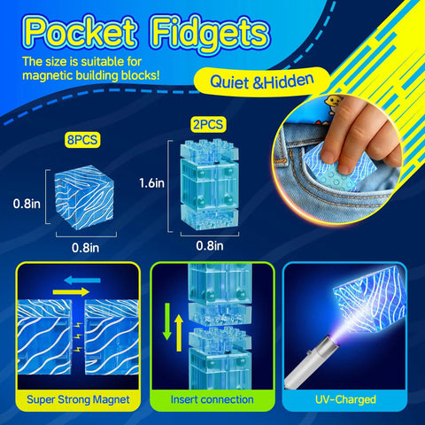 4 In 1 Glow In The Dark Blue Magnetic Fidget Spinner Set With Magnetic Building Blocks And Infinity Cube focus
