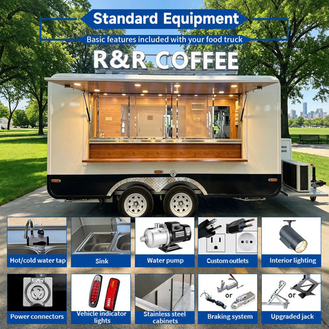 Turnkey Mobile Coffee Trailer For Sale 13 Foot Fully Equipped Commercial Food Truck showing standard equipment features.