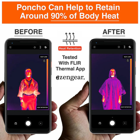 Thermal image comparison showing before and after wearing 4 Pack Emergency Survival Foil Poncho Reversible Thermal Mylar Orange Heat Retention Up To 92 Percent Lightweight Portable Grab And Go Double Sided Rain Gear For Outdoors Camping Hiking And Emergencies.