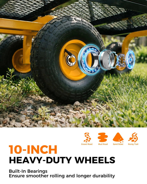Heavy Duty Steel Garden Cart With 880 Lbs Capacity On Wheels Utility Wagon showing close-up of heavy-duty 10-inch wheels on grass