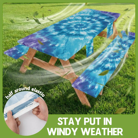 Waterproof Fitted Picnic Table Cover With Two Bench Covers And Elastic Edges Vinyl Rectangle Tablecloth in windy weather
