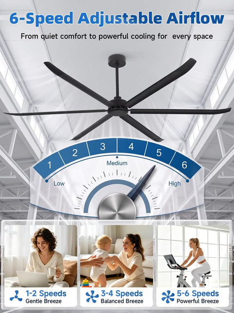 108 Inch Industrial Ceiling Fan No Light For Large Spaces Like Garages Gyms Barns And Restaurants Heavy Duty HVLS Powerhouse Delivers Serious Airflow And Cooling, black 6-blade ceiling fan
