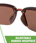 Close-up of Es5 Polarized Safety Glasses with High Definition Brown Lens and Crystal Brown Frame, showing adjustable rubber nosepiece.