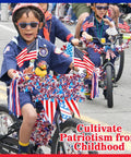 Children riding bikes with 4th Of July Patriotic Bike Decorations Kit For Kids, featuring flags, streamers, and rubber duck.