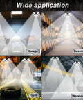 Two Pack Plug In Garage Light 200W 20000LM LED Shop Light illuminating garage, basement, gym, and warehouse interiors in collage.