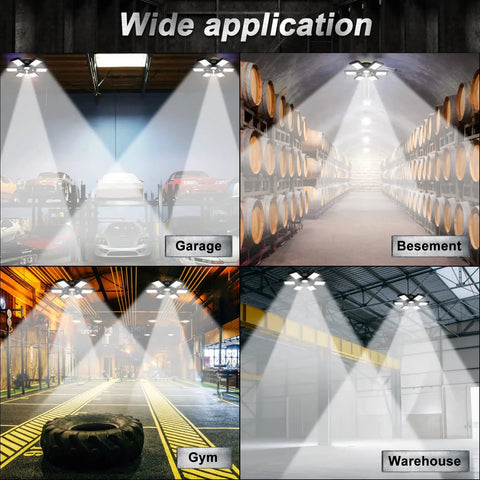 Two Pack Plug In Garage Light 200W 20000LM LED Shop Light illuminating garage, basement, gym, and warehouse interiors in collage.