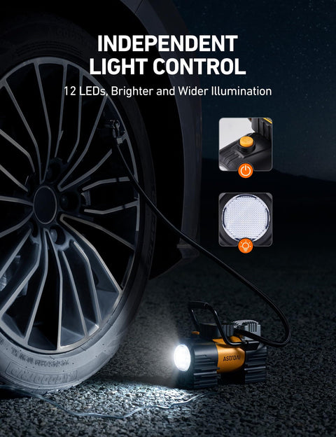 Portable Tire Inflator Air Compressor For Car And Bike 12V DC Digital Gauge Up To 150 PSI With 12 LED Lights illuminating tire