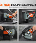 Rock Solid 1300W Portable Magnetic Drill Press With Integrated Cooling, Compact Low Profile Body, Beast Mode 10000N Base in use for drilling tight spaces.