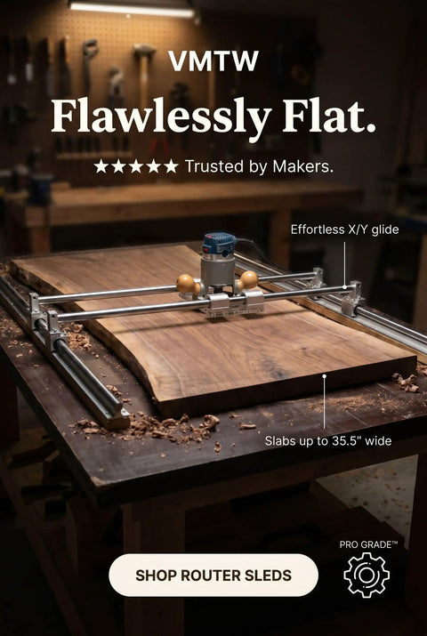 Slab Flattening Router Sled Kit With Rail Jig for easy end grain boards and epoxy slabs, 30x48 inches, on wood slab.