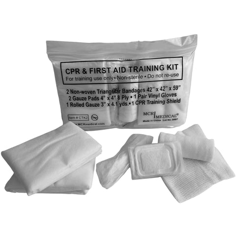Student CPR And First Aid Training Kit Pack Of 10 with bandages, gauze pads, gloves, CPR training shield, latex free, one-time use