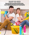 Couple holding cleaning supplies with 1500W Immersion Water Heater for Buckets Submersible 304 Stainless Steel in yellow bucket.