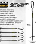 18 Inch Heavy Duty Screw In Ground Anchors Deliver A Hardcore 1000 Lb Hold Made From Tough Tungsten Steel With Easy Detachable Carabiner Clips For Swing Sets Tents Gazebos And Trampolines 4 Pack displayed with specifications.