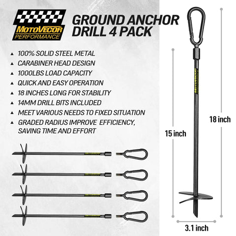 18 Inch Heavy Duty Screw In Ground Anchors Deliver A Hardcore 1000 Lb Hold Made From Tough Tungsten Steel With Easy Detachable Carabiner Clips For Swing Sets Tents Gazebos And Trampolines 4 Pack displayed with specifications.