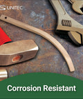 Non Sparking Copper Beryllium Banana Wedge With Lanyard Hole Three Quarters Inch Wide 12 Inch Long Non Magnetic Corrosion Resistant ISO 9001 2025 Certified Rugged Worksite Ready For ATEX EX Zone And Petrochemical Plants surrounded by tools on metal surface