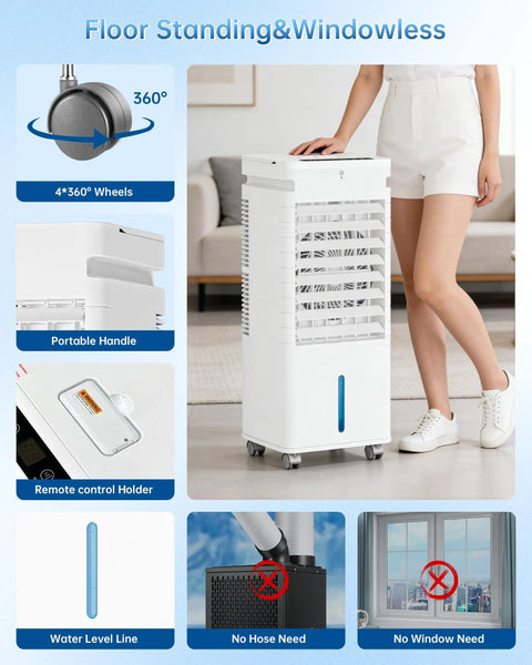 Portable Evaporative Air Cooler With Remote Control, Windowless Cooling Unit That Blows Cold Air, 5L Tank, shown in living room