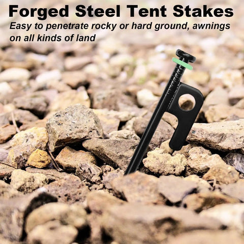 24 Pack Tent Stakes 12 Inch Heavy Duty Forged Steel Stakes That Are Tough As Nails in rocky ground with fluorescent ring