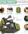 Close-up of a survival paracord bracelet with compass and fire scraper from All In One 67 Piece 14 In 1 Outdoor Survival Gear Kit.