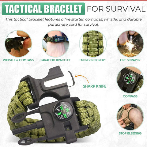 Close-up of a survival paracord bracelet with compass and fire scraper from All In One 67 Piece 14 In 1 Outdoor Survival Gear Kit.